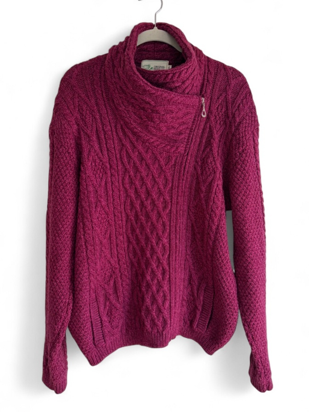 Original Aran Co. 100% Merino Wool Cable Knit Funnel Neck Zip Cardigan Size XXL